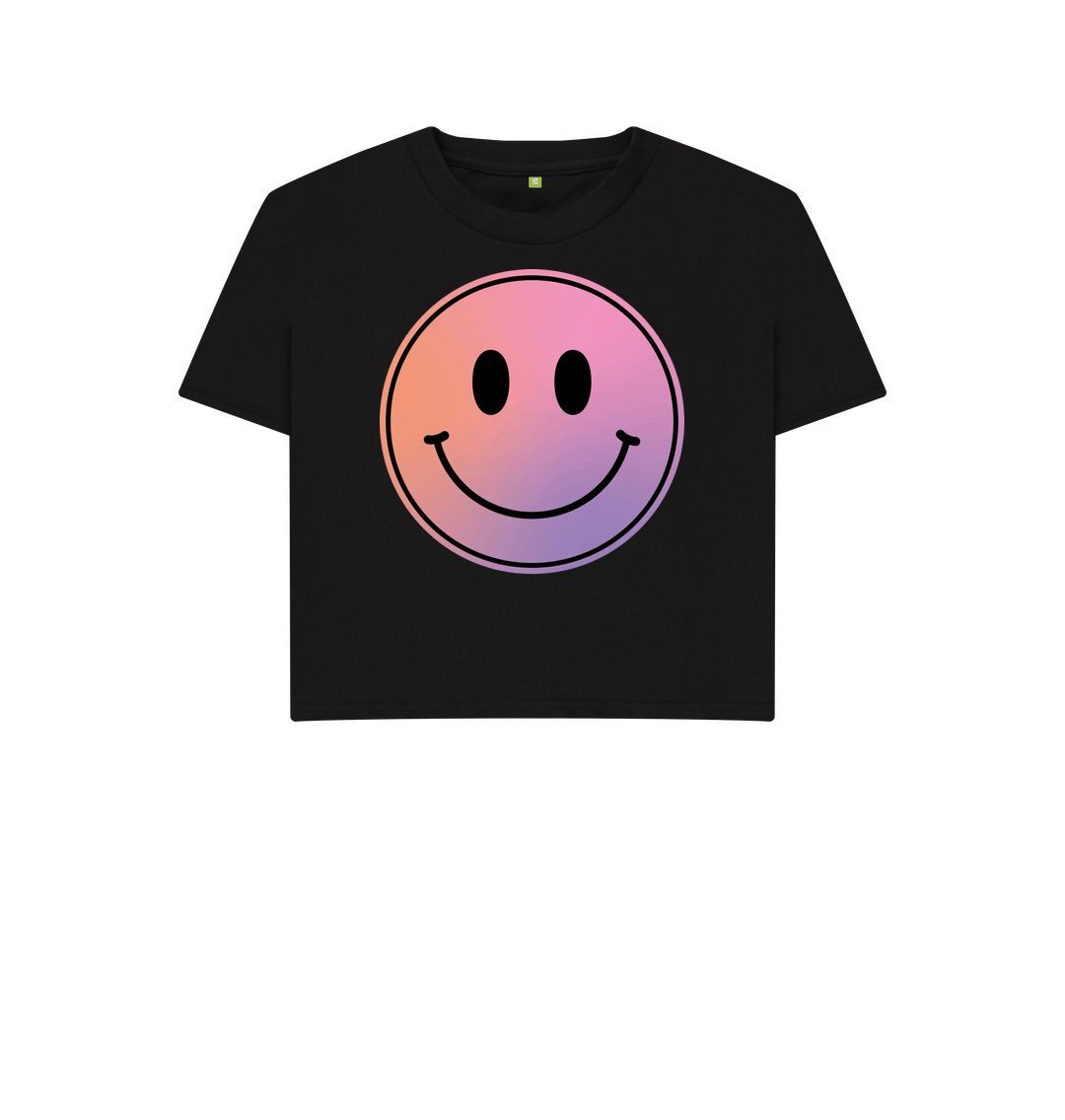 Black Pink Smiley Face Boxy Cropped T-Shirt