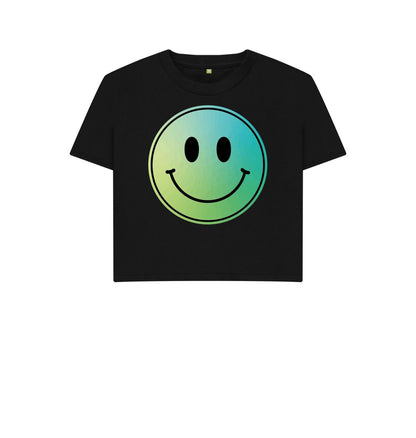 Black Green Smiley Face Boxy Cropped T-Shirt