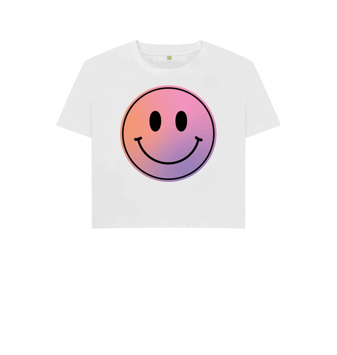 White Pink Smiley Face Boxy Cropped T-Shirt