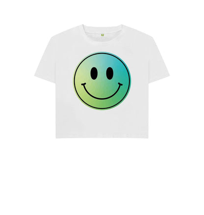 White Green Smiley Face Boxy Cropped T-Shirt